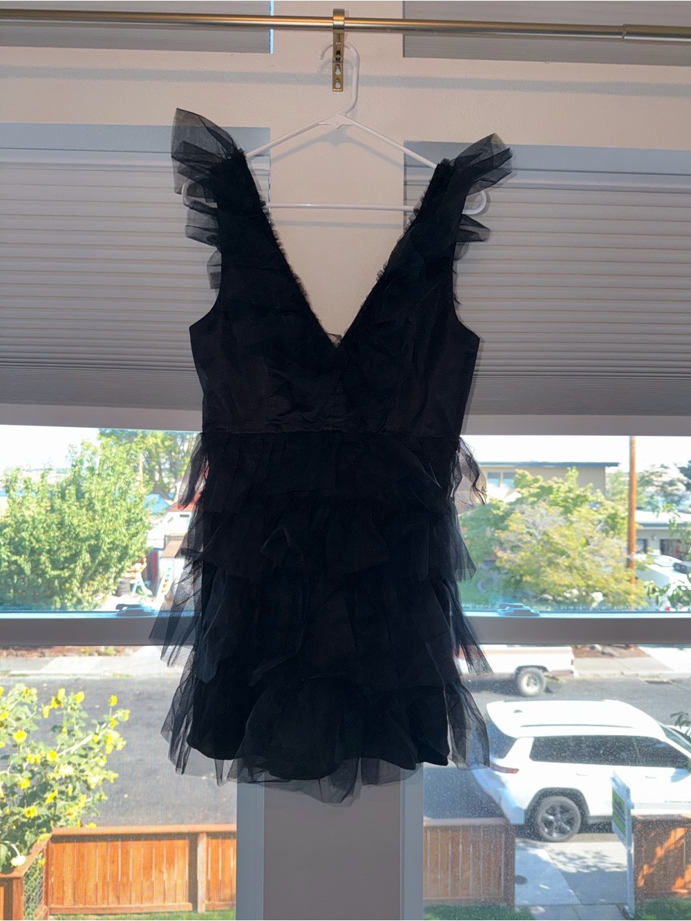 Lulu's Black V-Neck Ruffled Tulle Mini Dress